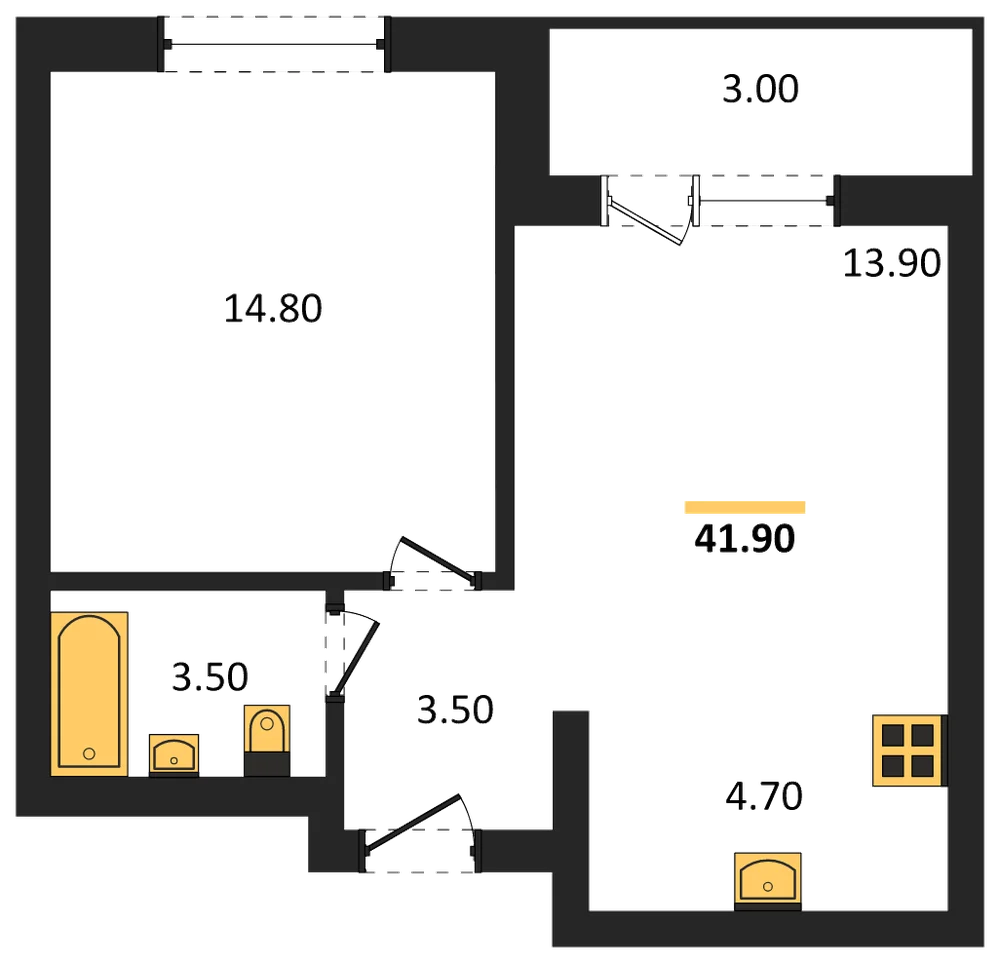 Планировка: 1-комн., 41,9 м²