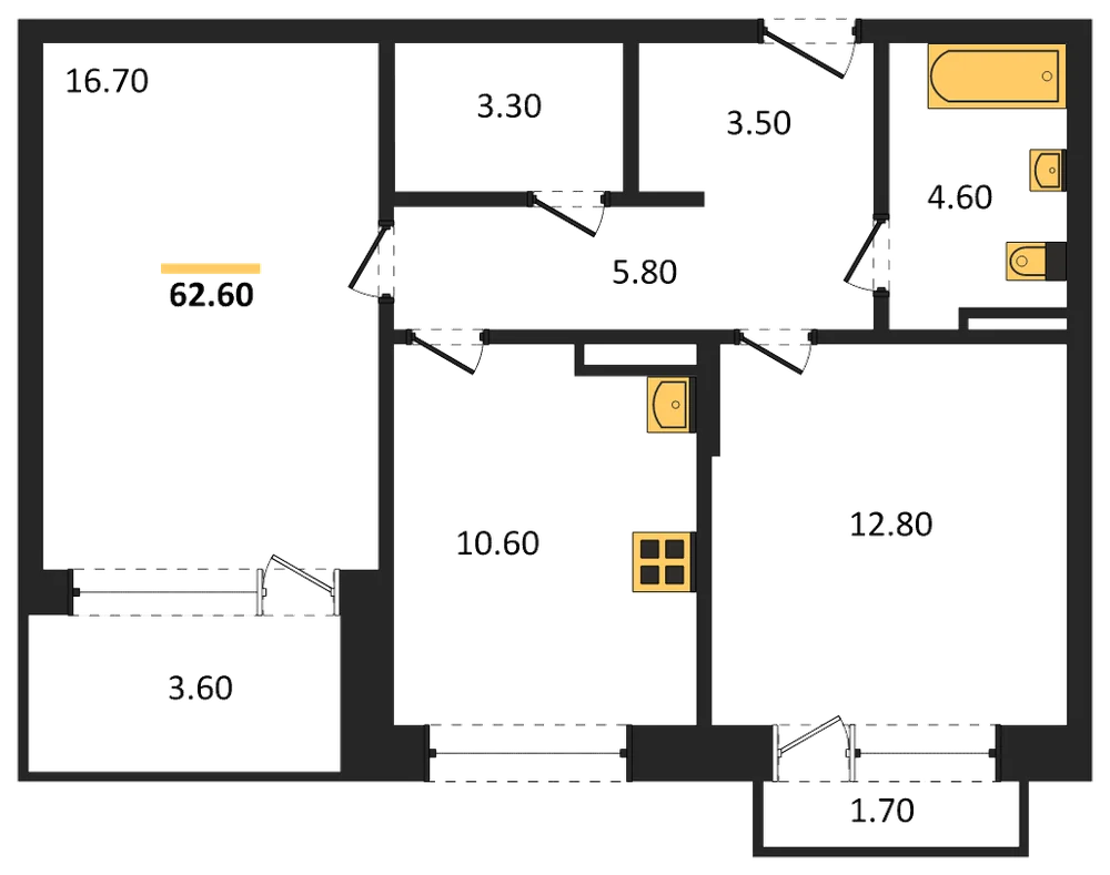 Планировка: 2-комн., 62,6 м²