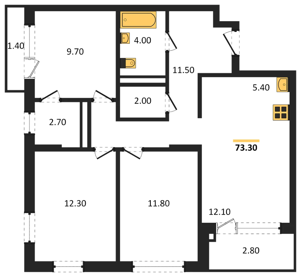 Планировка: 3-комн., 73,3 м²
