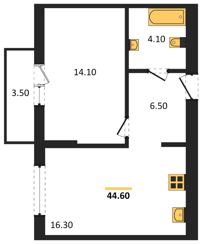 Планировка: 1-комн., 44,6 м²