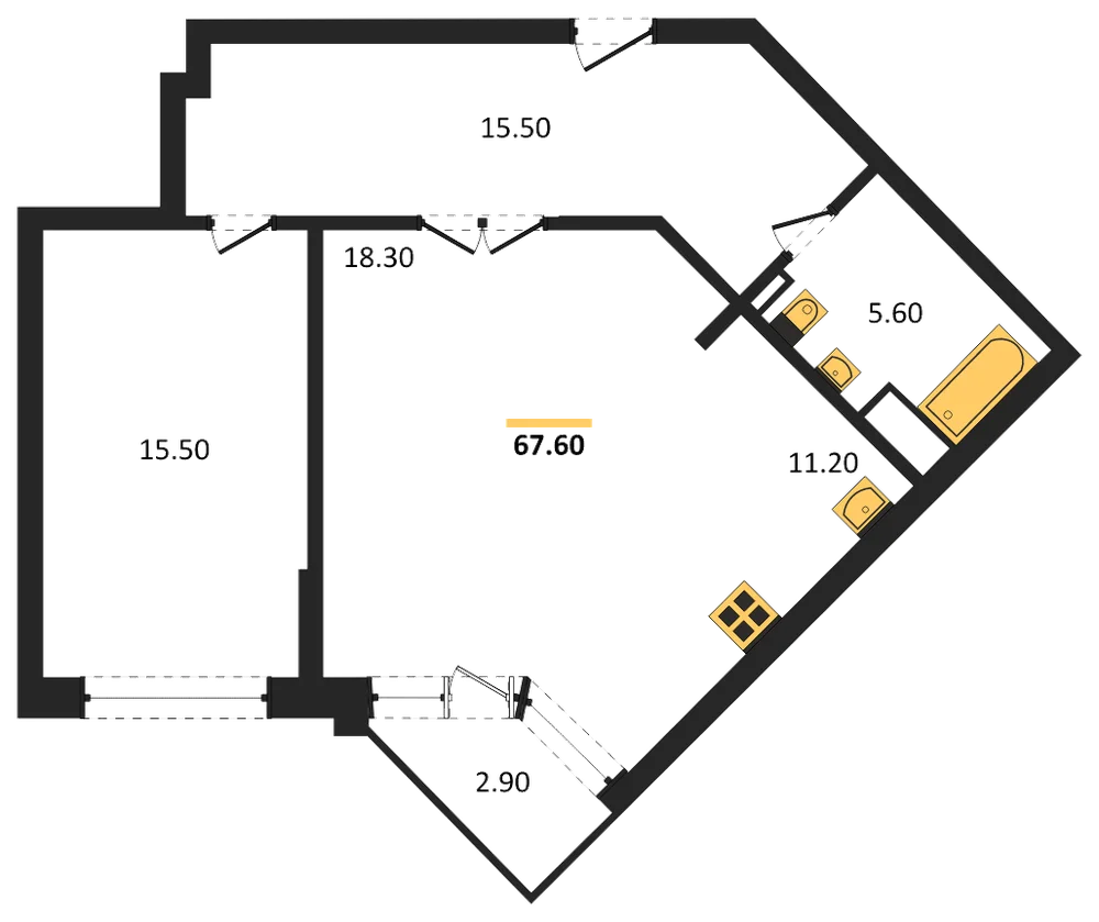 Планировка: 1-комн., 67,6 м²