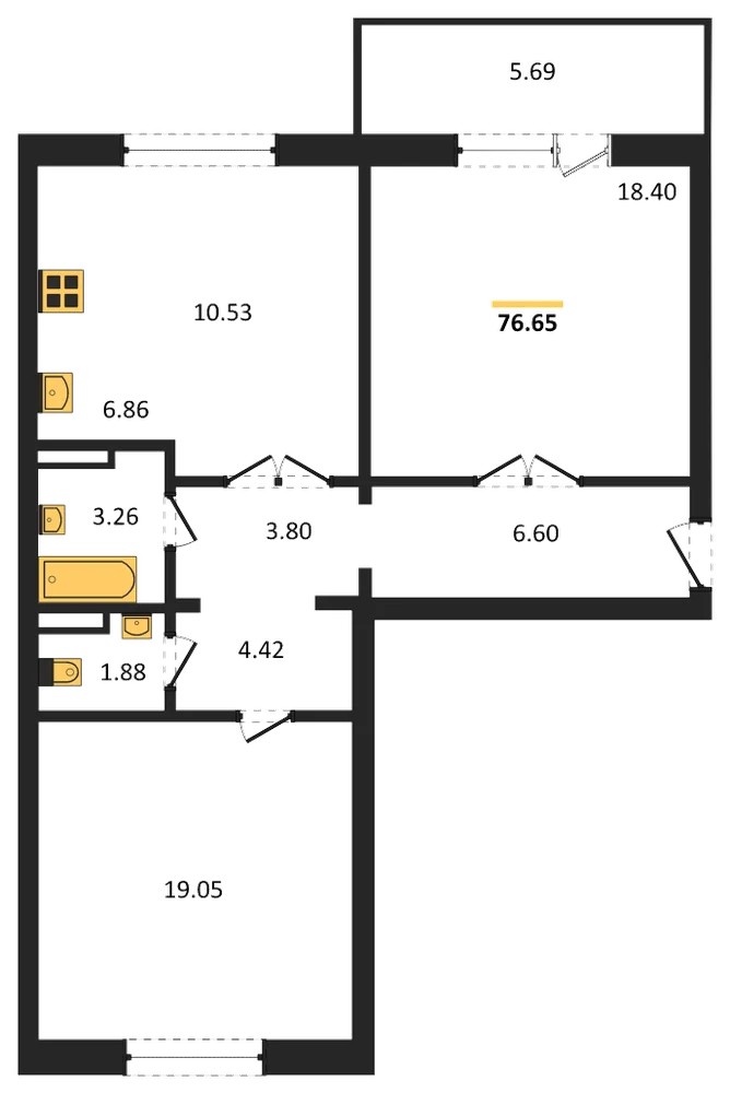 Планировка: 2-комн., 76,7 м²