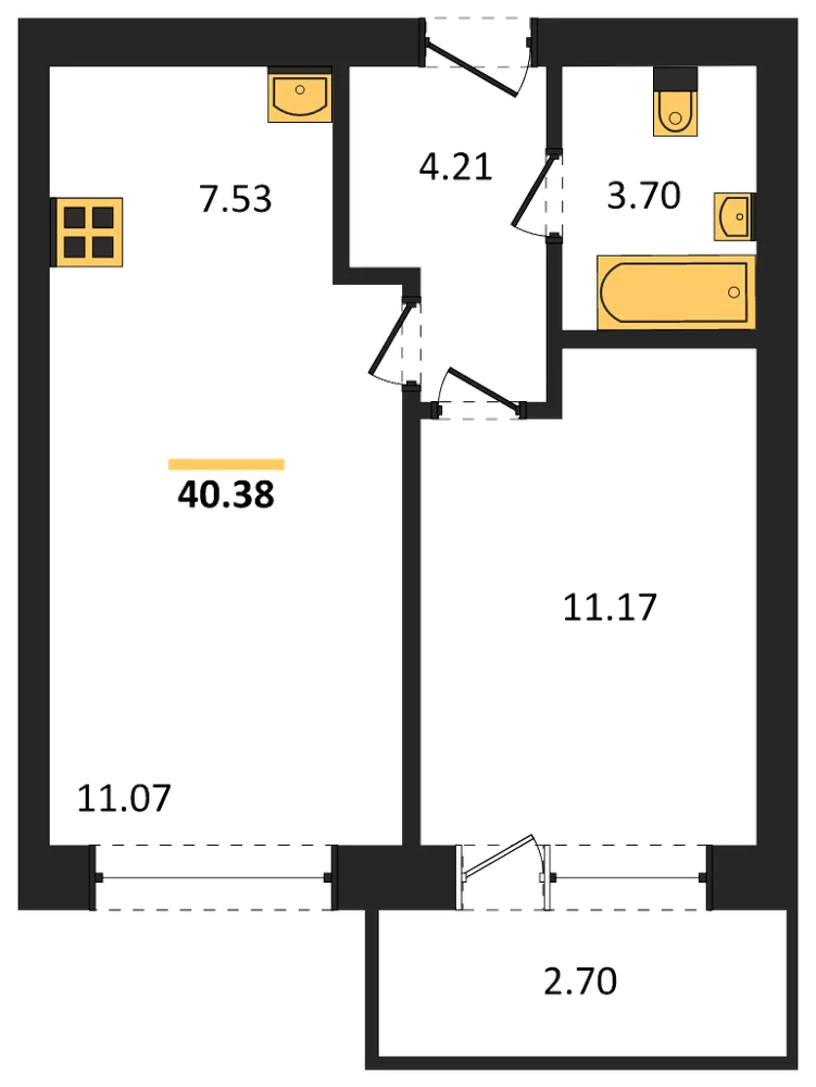 Планировка: 1-комн., 40,4 м²