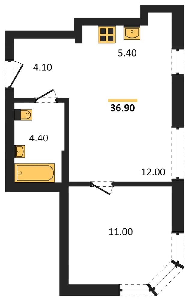Планировка: 1-комн., 36,9 м²