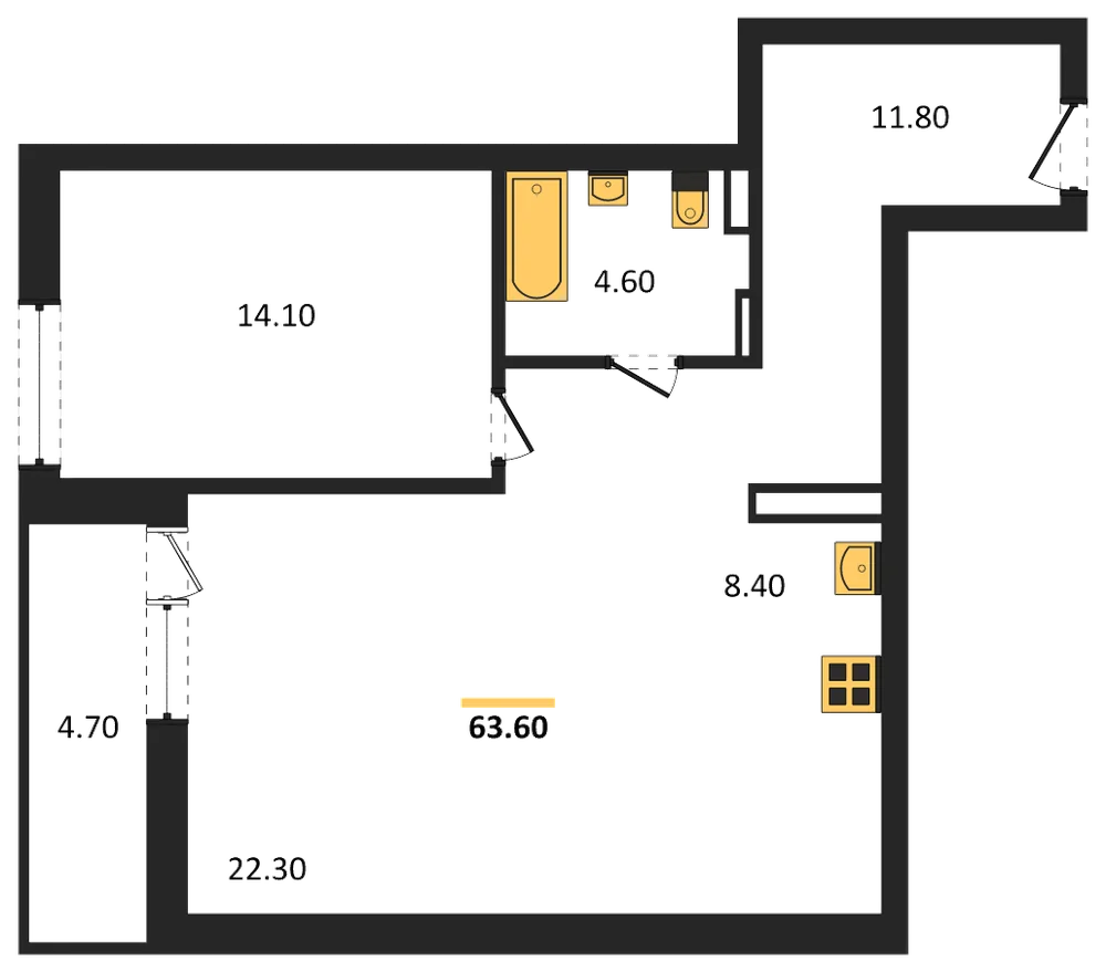 Планировка: 2-комн., 60,9 м²