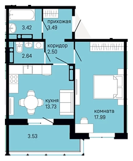 Планировка: 1-комн., 47,3 м²