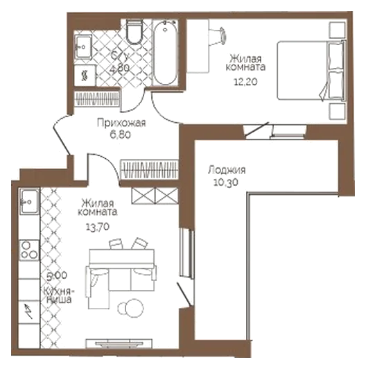 Планировка: 1-комн., 47,7 м²