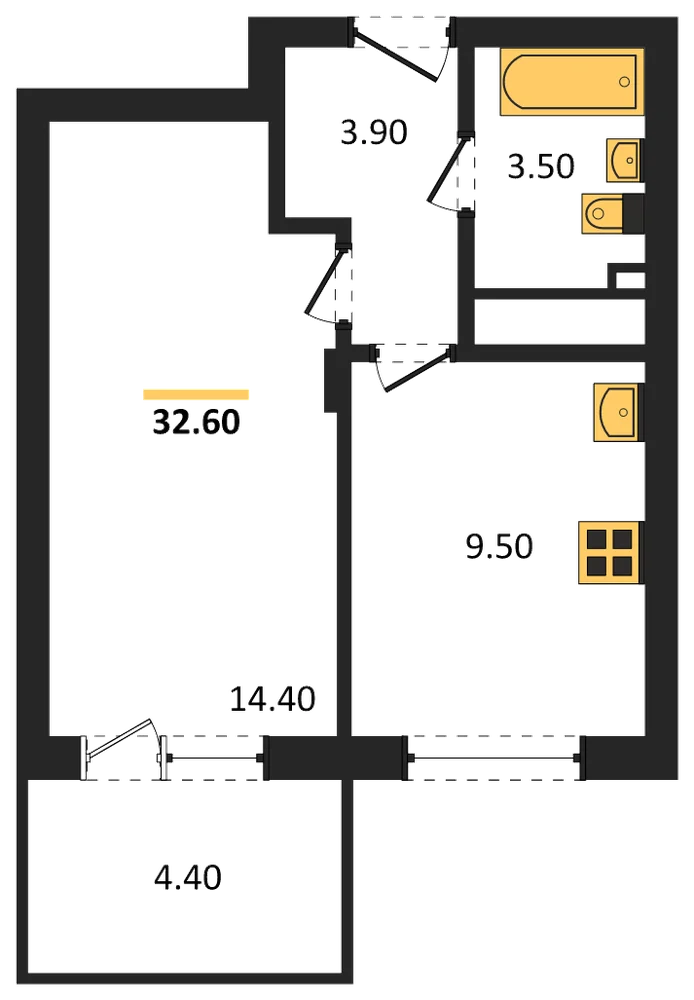 Планировка: 1-комн., 32,6 м²
