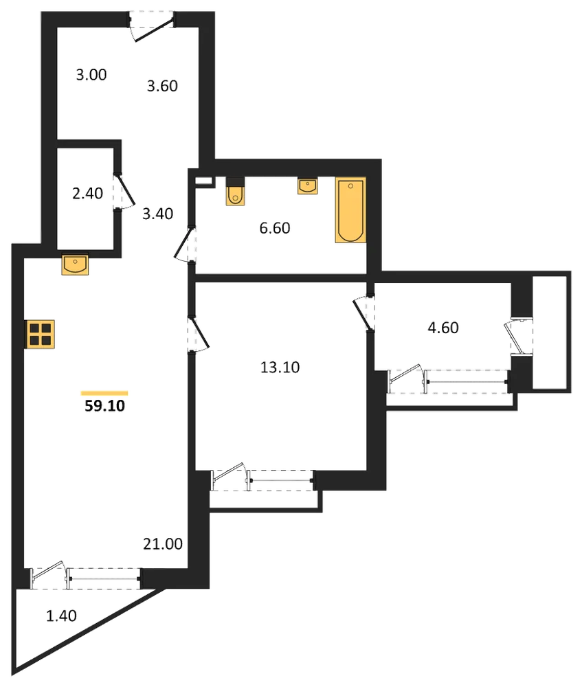 Планировка: 1-комн., 59,1 м²