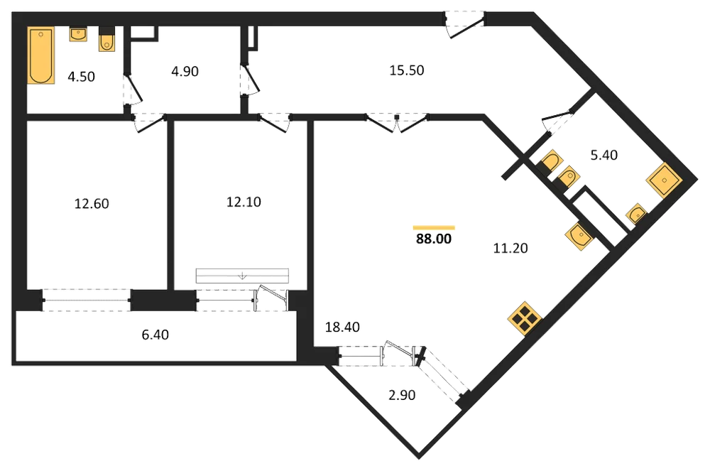 Планировка: 2-комн., 88 м²