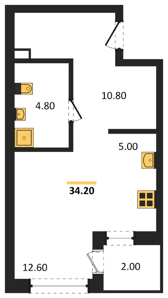Планировка: Студия, 34,2 м²