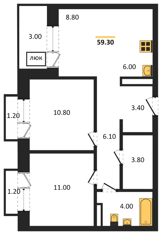Планировка: 2-комн., 59,3 м²