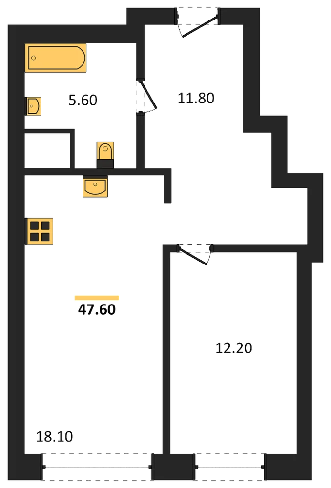 Планировка: 1-комн., 47,6 м²