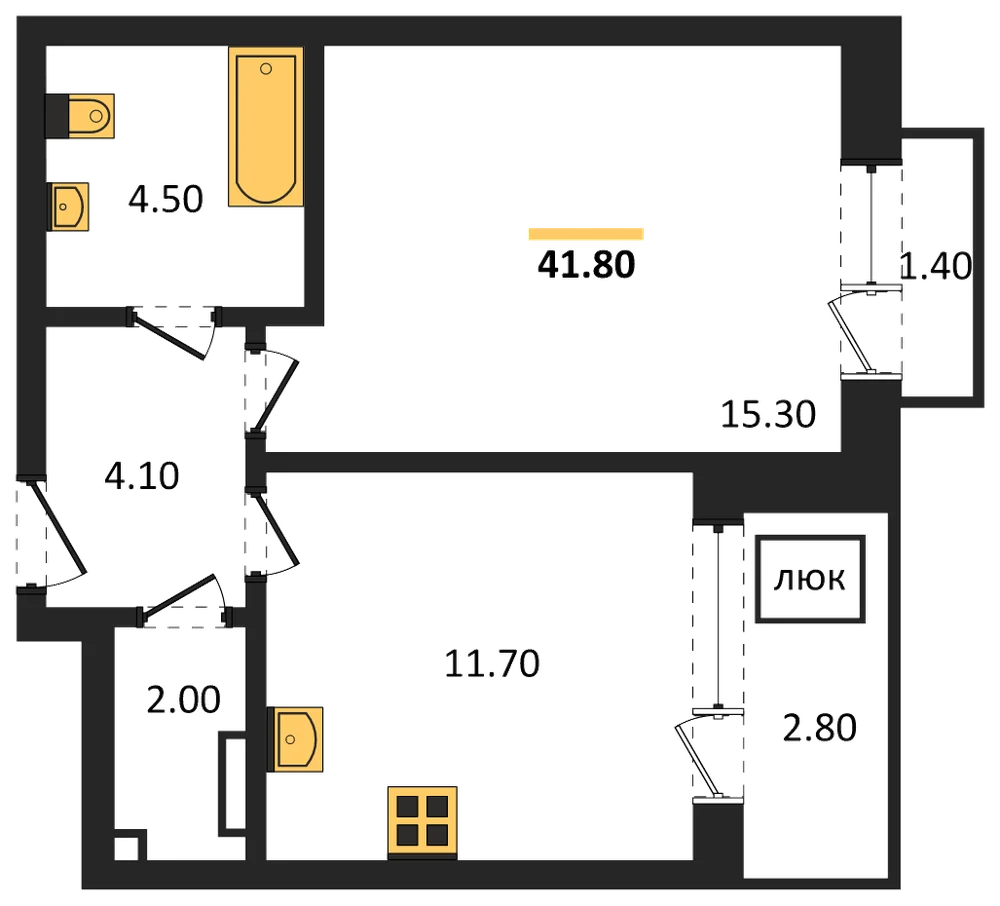 Планировка: 1-комн., 41,8 м²