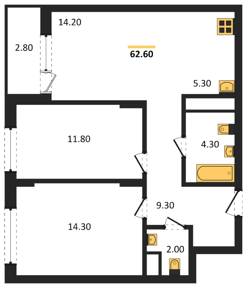 Планировка: 2-комн., 62,6 м²
