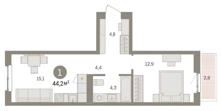 Планировка: 1-комн., 44,2 м²