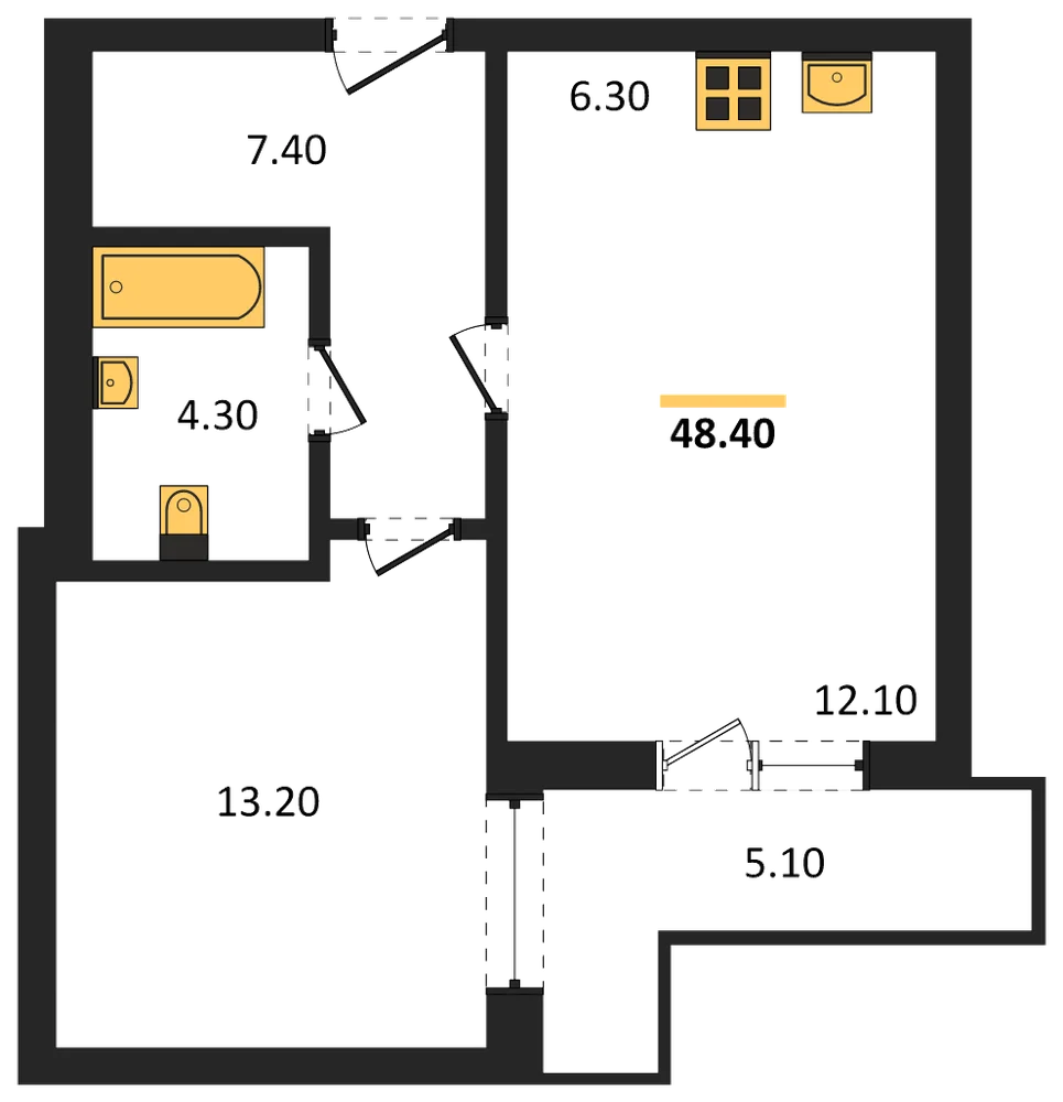 Планировка: 1-комн., 48,4 м²