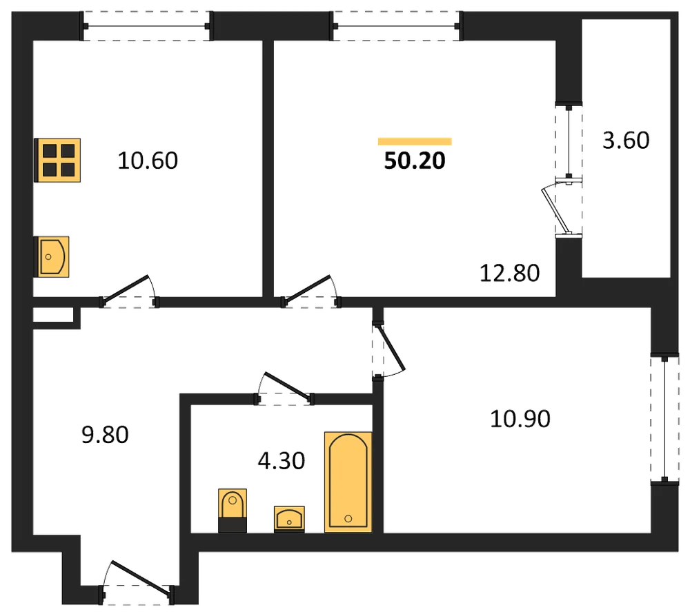 Планировка: 2-комн., 50,1 м²