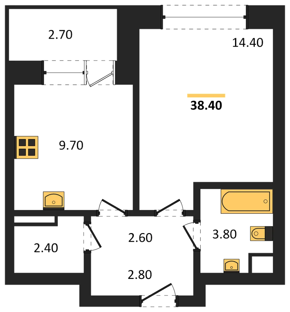Планировка: 1-комн., 38,4 м²
