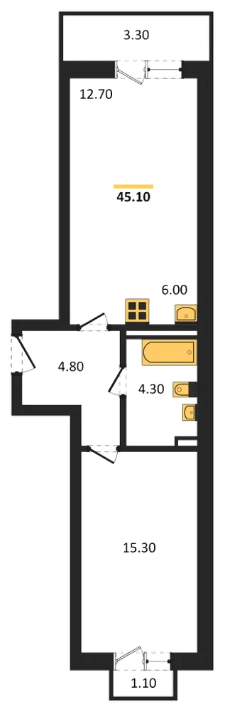 Планировка: 1-комн., 45,1 м²