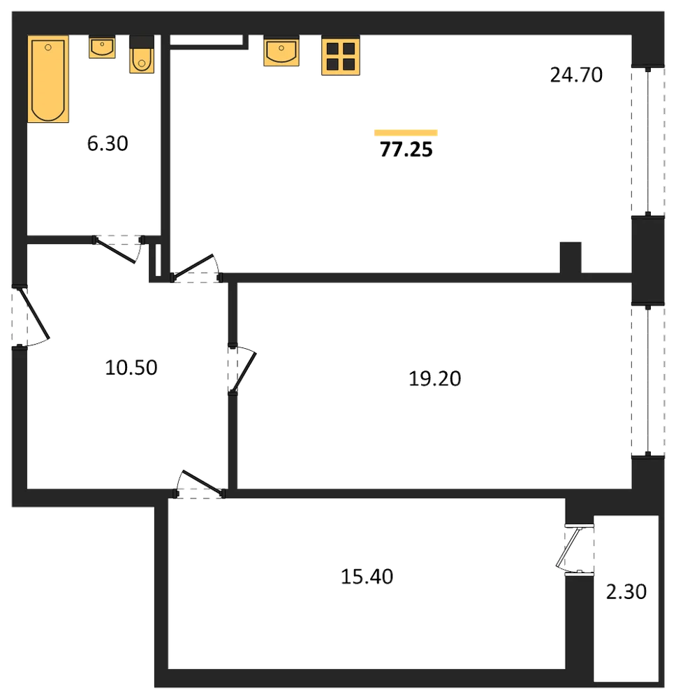 Планировка: 2-комн., 76,9 м²