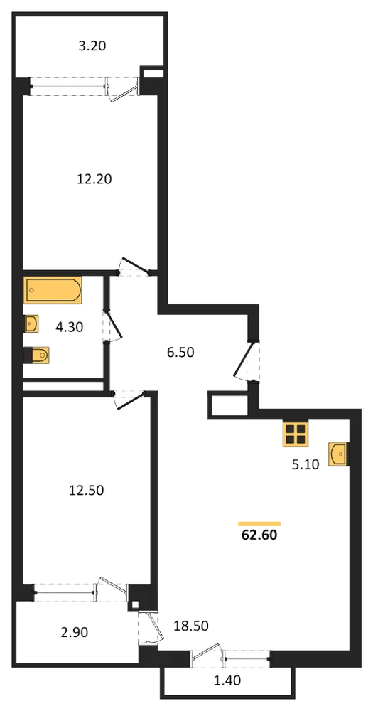 Планировка: 2-комн., 62,6 м²