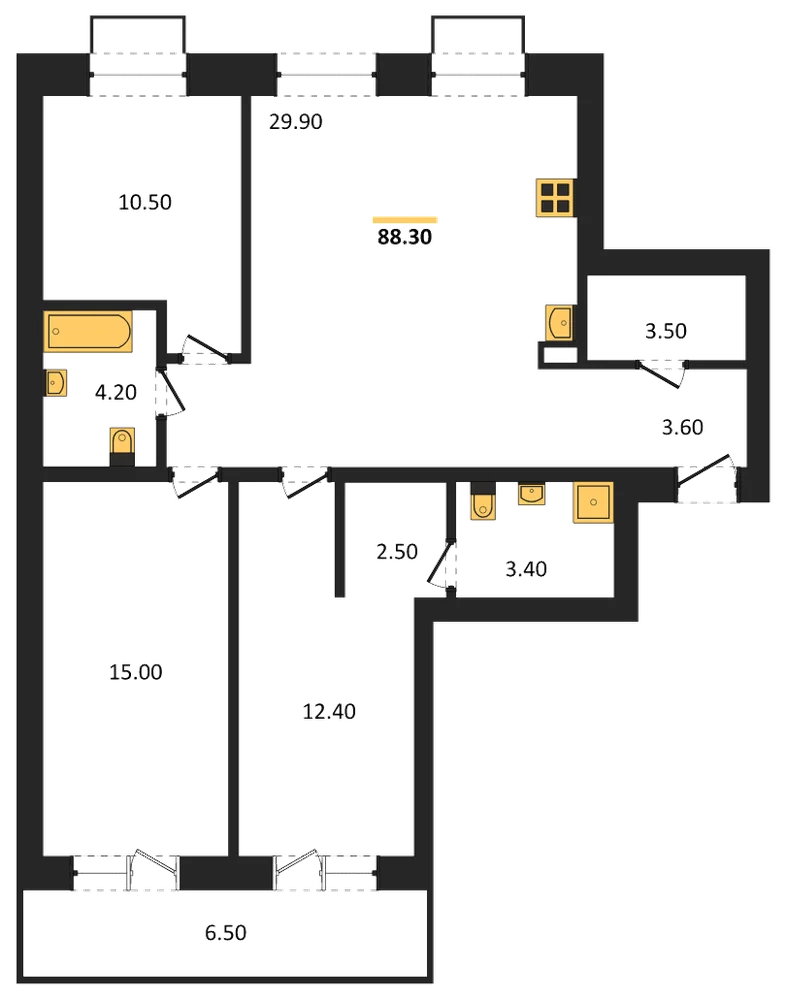 Планировка: 3-комн., 88,3 м²