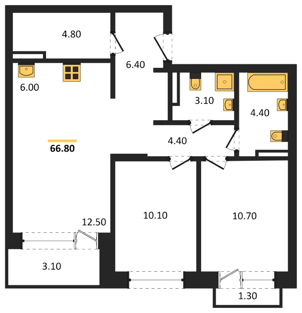 Планировка: 2-комн., 66,8 м²