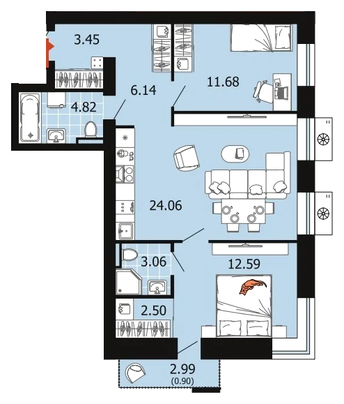 Планировка: 2-комн., 69,2 м²