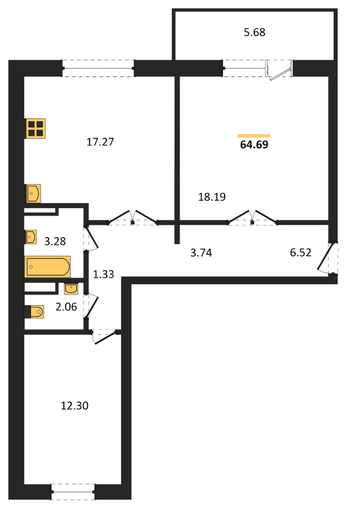 Планировка: 2-комн., 64,7 м²