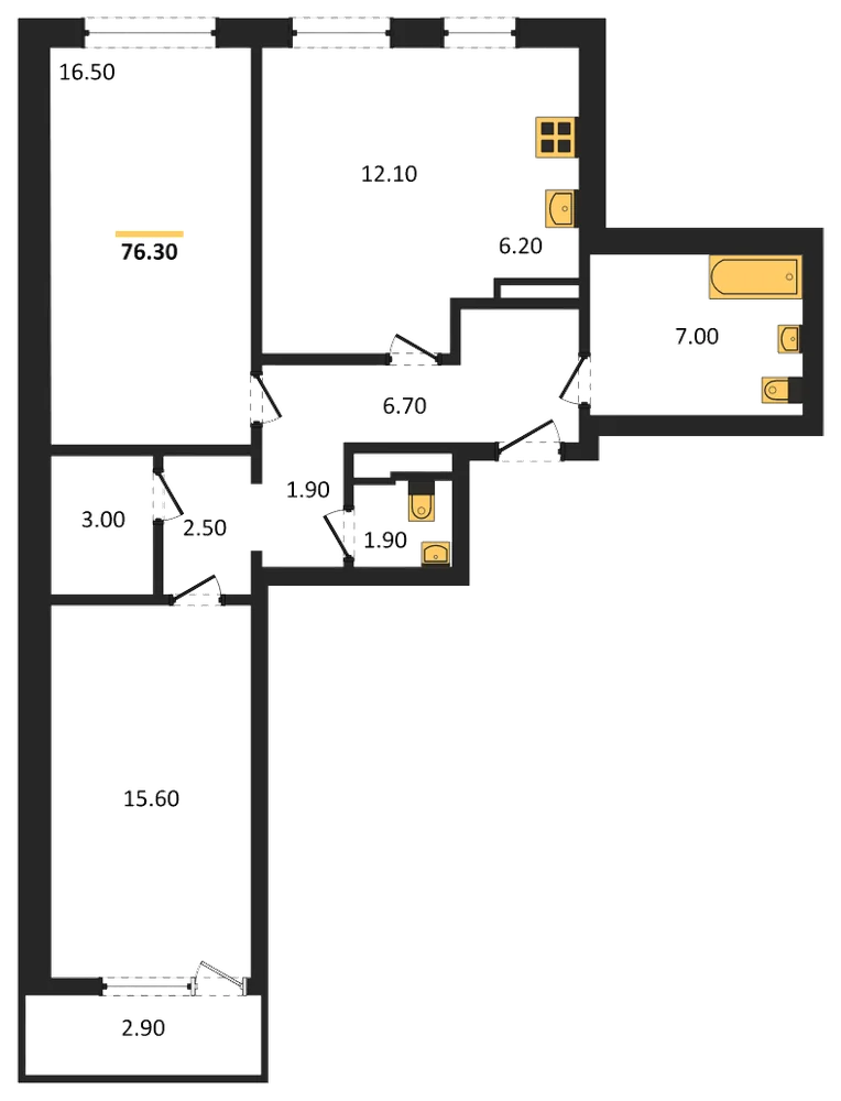 Планировка: 2-комн., 76,3 м²