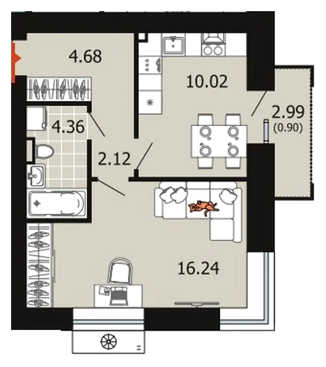 Планировка: 1-комн., 38,3 м²