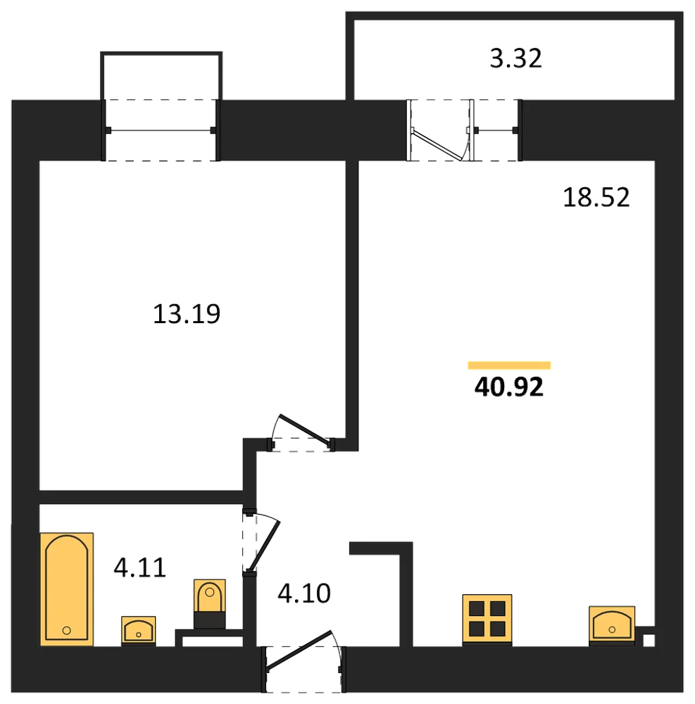Планировка: 1-комн., 40,9 м²