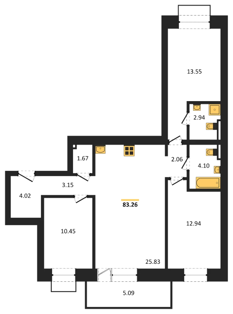 Планировка: 3-комн., 83,3 м²