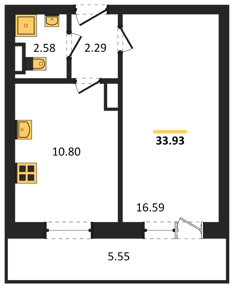 Планировка: 1-комн., 33,9 м²