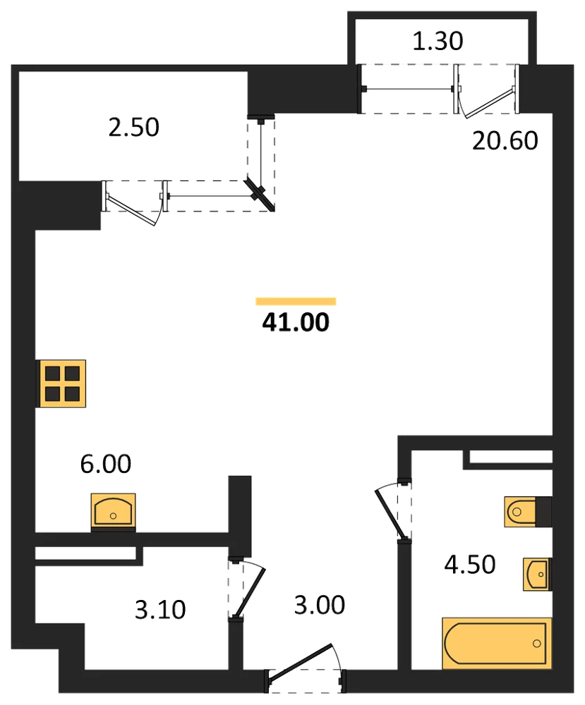 Планировка: Студия, 41 м²