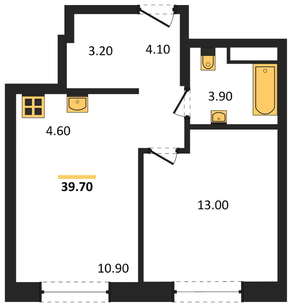 Планировка: 1-комн., 39,7 м²