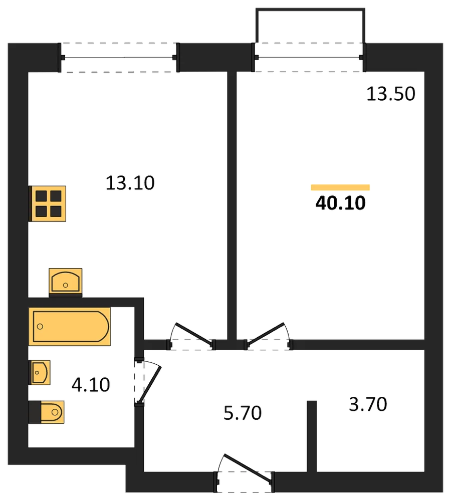 Планировка: 1-комн., 40,1 м²