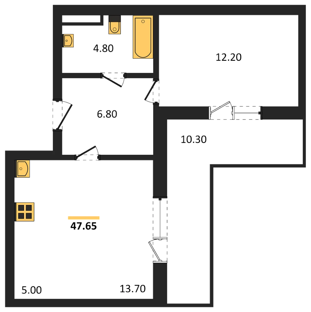 Планировка: 1-комн., 47,7 м²