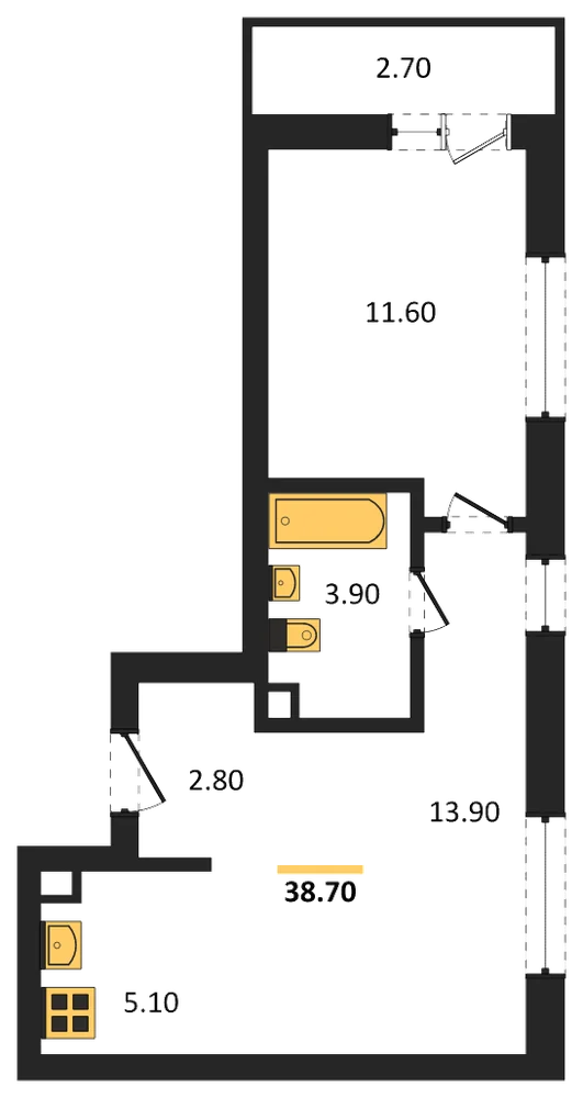 Планировка: 1-комн., 38,7 м²