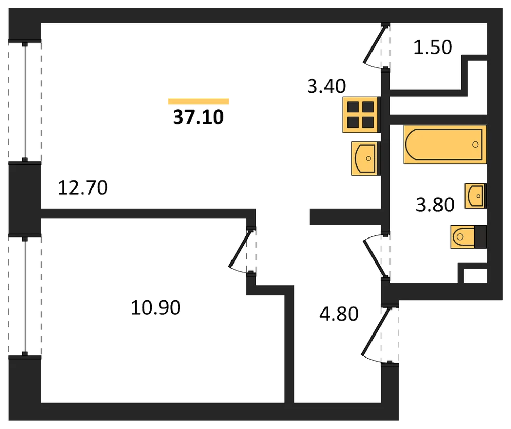 Планировка: 1-комн., 37,1 м²