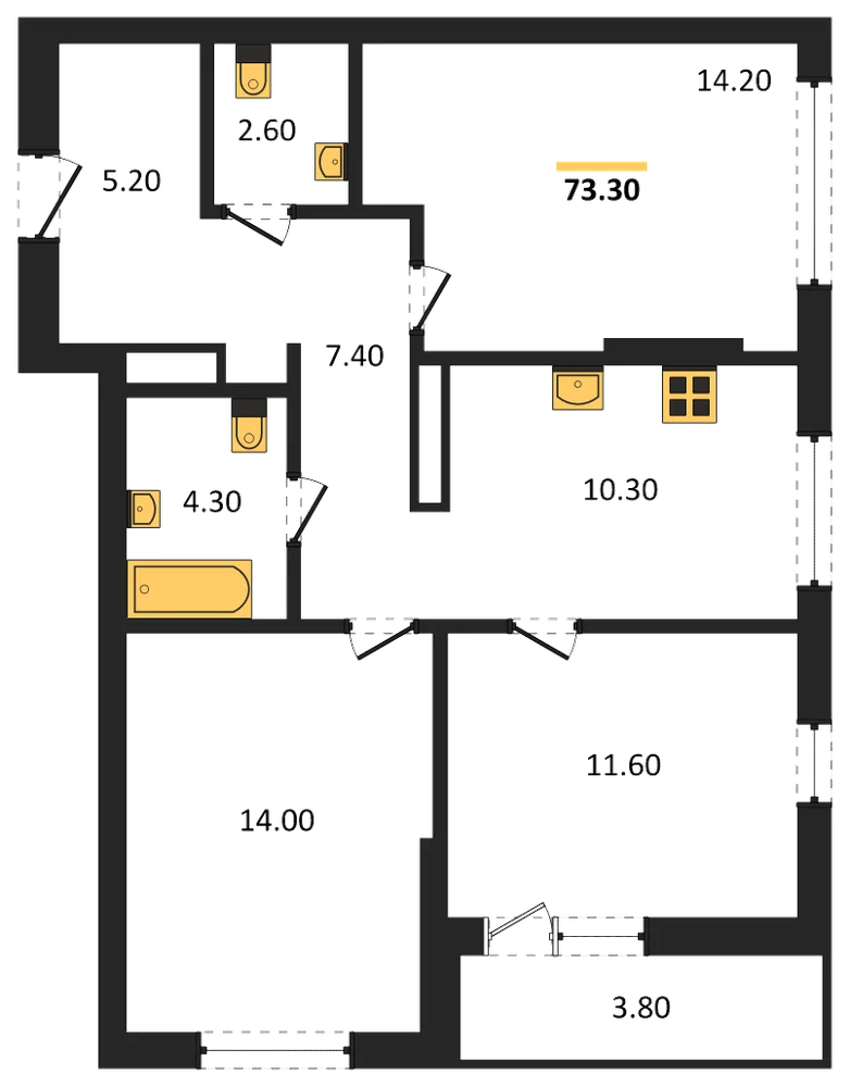Планировка: 3-комн., 73,3 м²