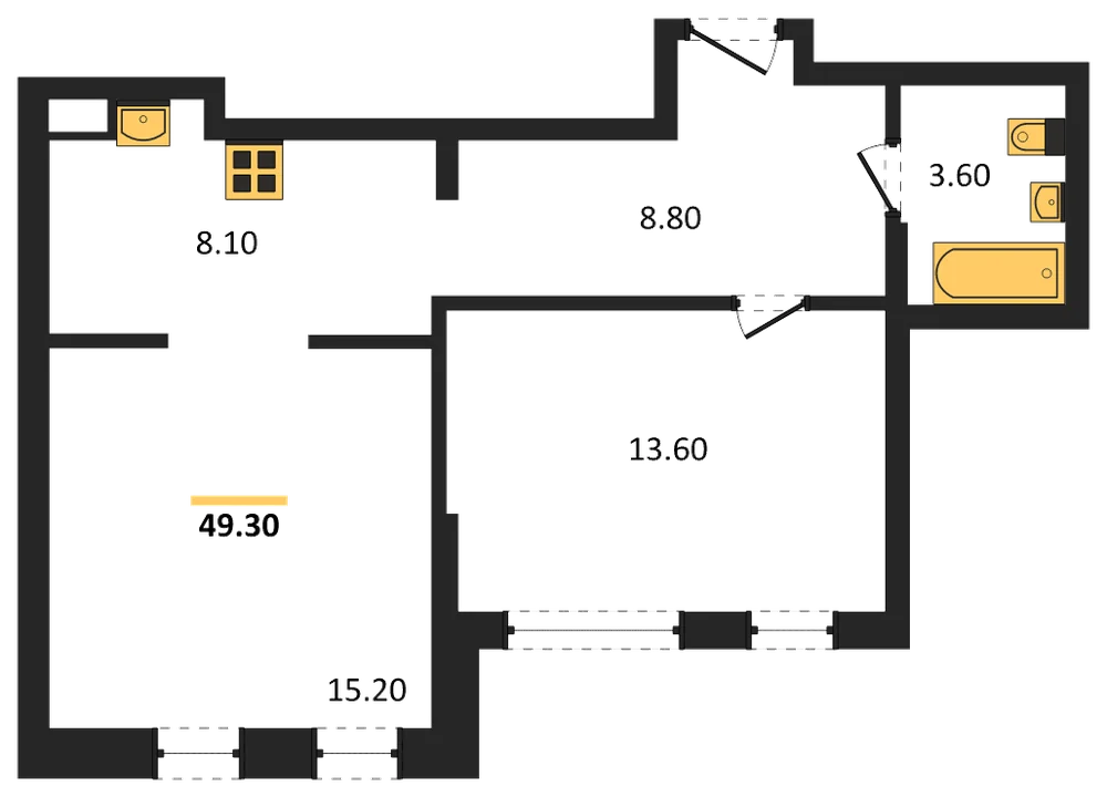 Планировка: 1-комн., 49,3 м²