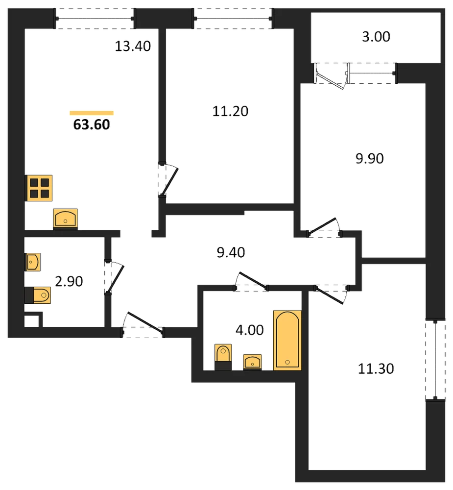 Планировка: 3-комн., 63,6 м²