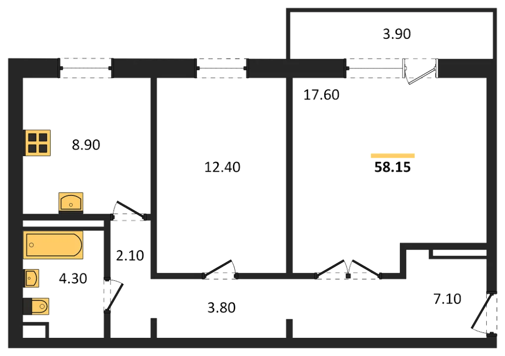 Планировка: 2-комн., 55,9 м²