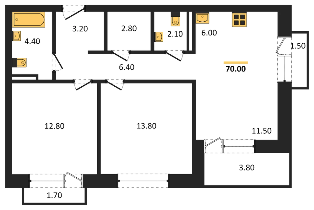 Планировка: 2-комн., 70 м²