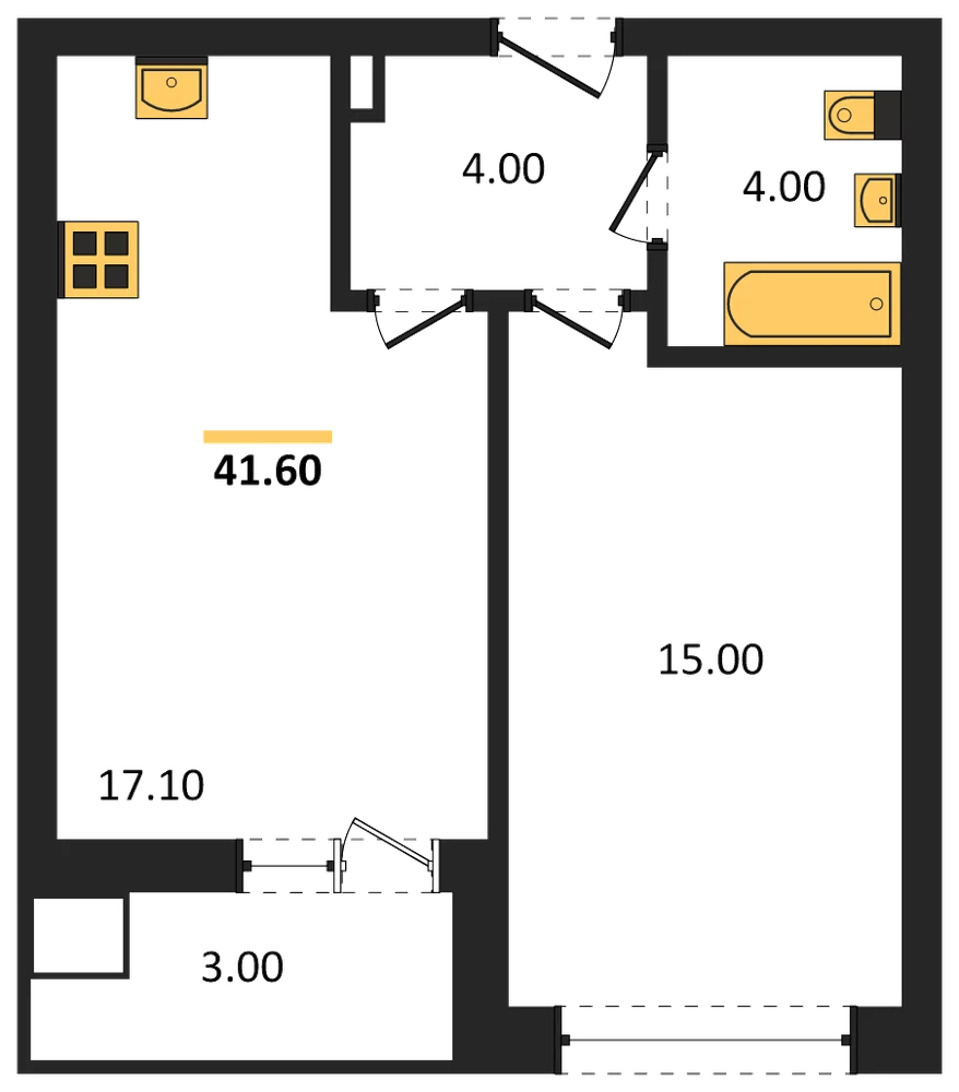 Планировка: 1-комн., 41,6 м²