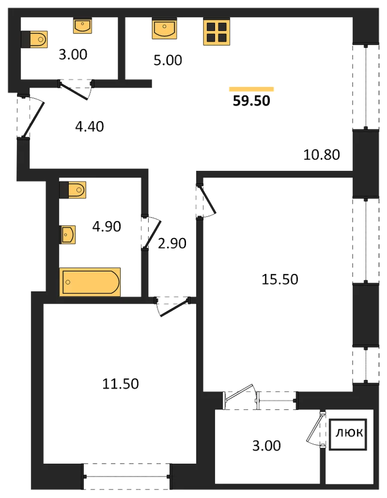 Планировка: 3-комн., 59,5 м²