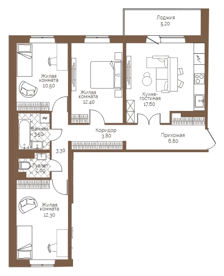 Планировка: 3-комн., 74,8 м²