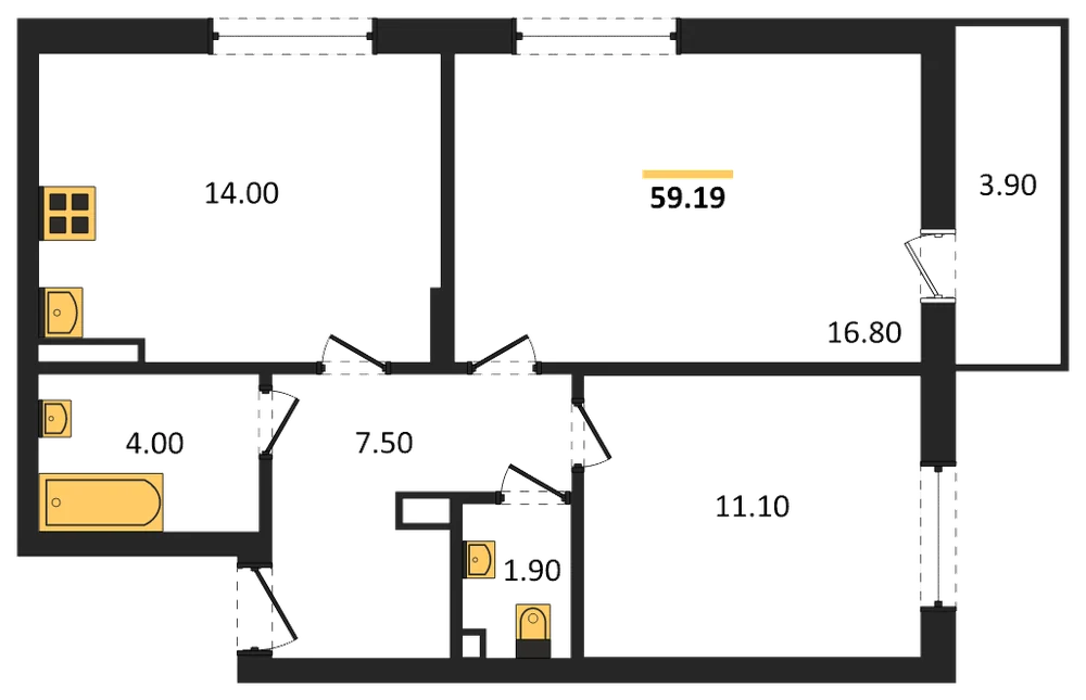 Планировка: 2-комн., 59,2 м²